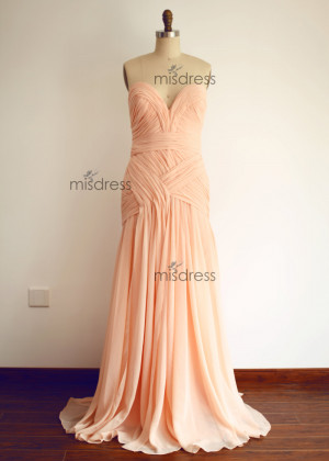 Peach Sweetheart Chiffon Slit Long Prom Dress